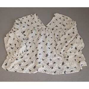 Ces Femme Sz S - Black & White Floral Pleated Loose Fit V neck V-back 3/4 Sleeve